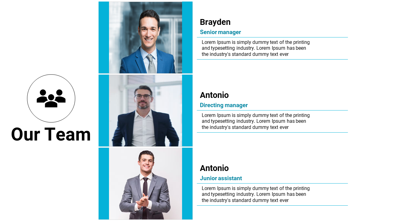 Slide featuring photos and descriptions of three team members each with a description and role in white and blue theme.