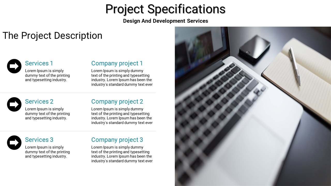 Project specifications slide featuring descriptions of three services with corresponding company projects with a laptop.