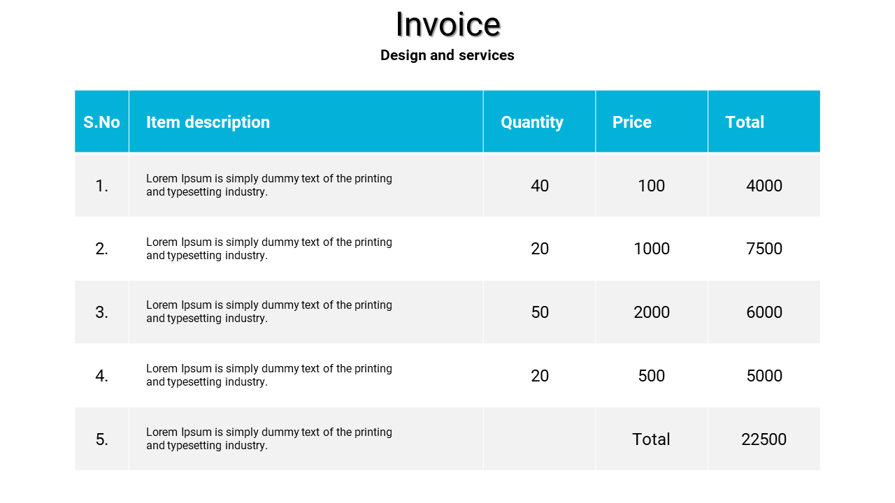 Invoice slide with item descriptions, quantities, prices, and totals for design and printing service on white and blue theme.