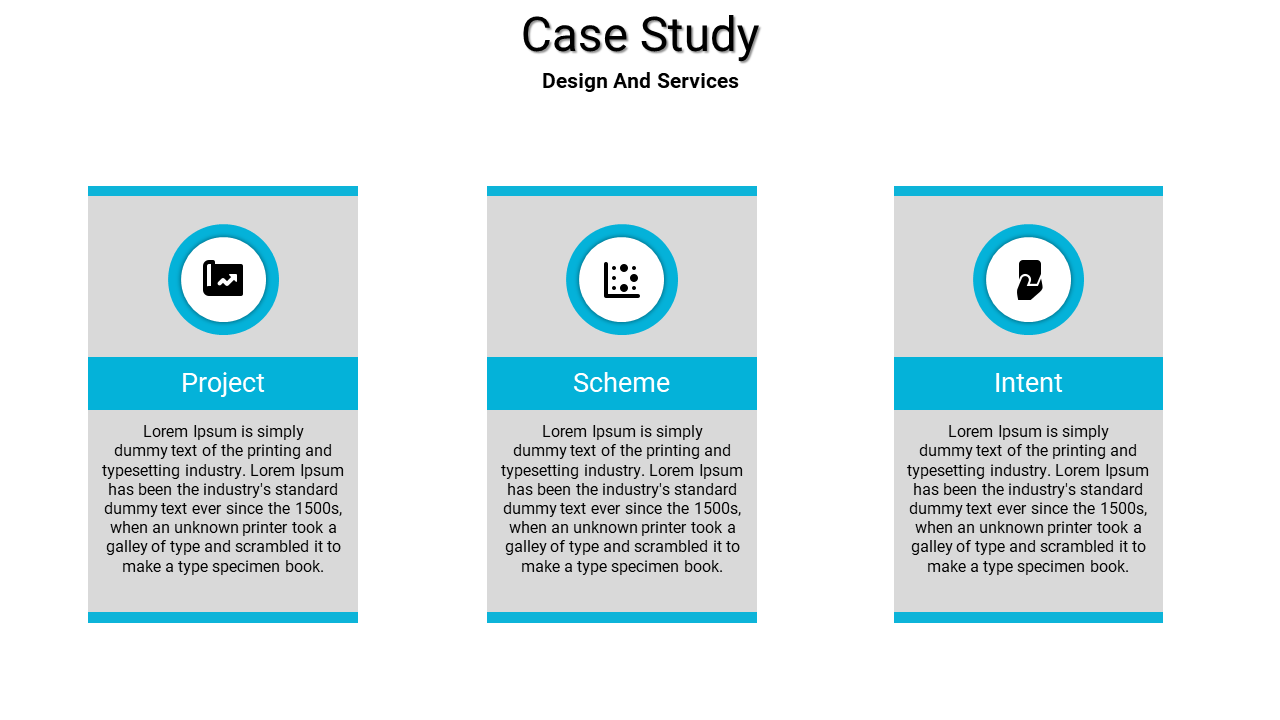 Case study displays three sections with icons and descriptions related to design and services on a white backdrop.