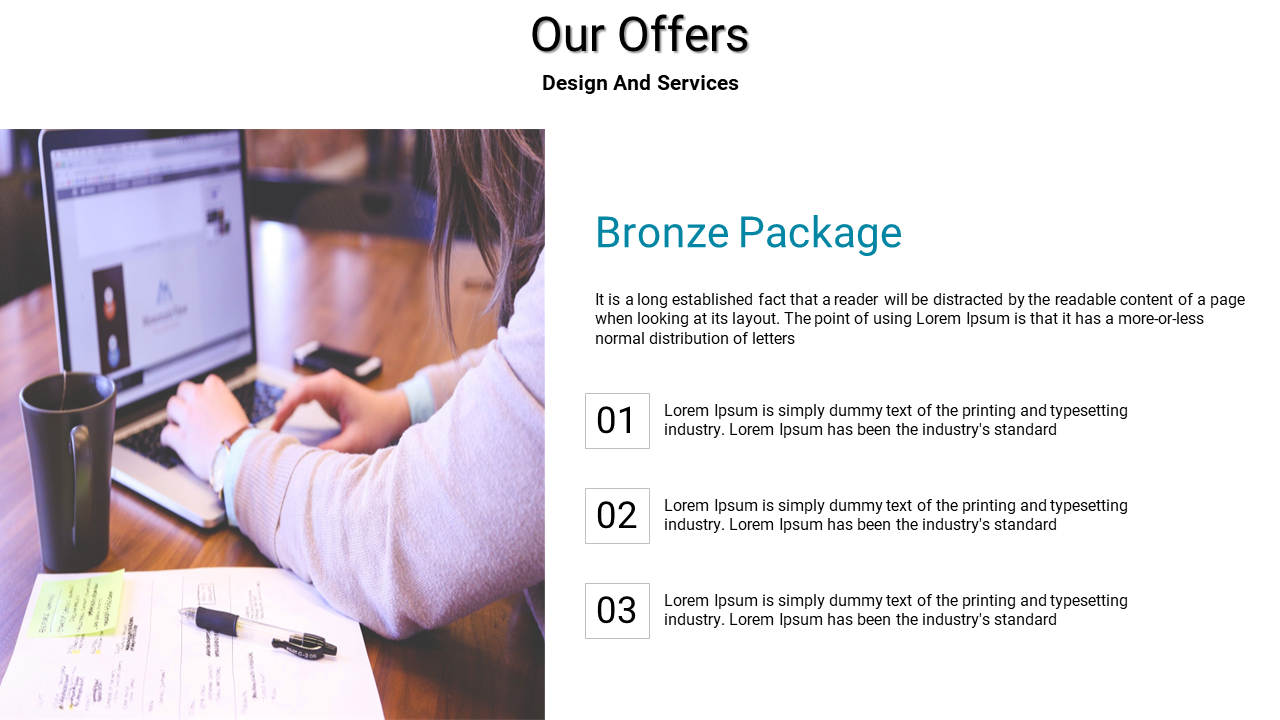 A person typing on a laptop with a coffee cup beside it, showcasing the offer with a description and list of features.