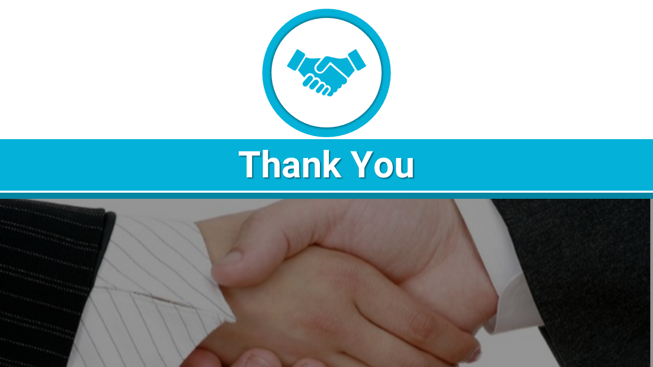 Close up of two people shaking hands, with a thank you message and a handshake icon above on a white and blue theme.