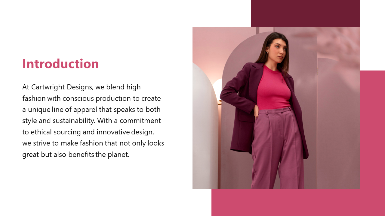 Introduction slide with a woman in a purple outfit, sustainably showcasing Cartwright designs on a white theme.