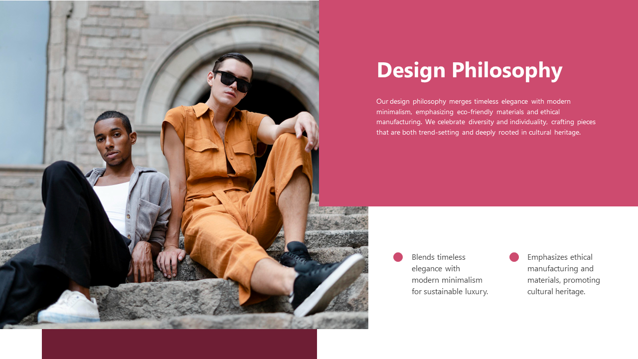 Design Philosophy slide with models seated on stone steps, showcasing fashion rooted in elegance and cultural heritage.