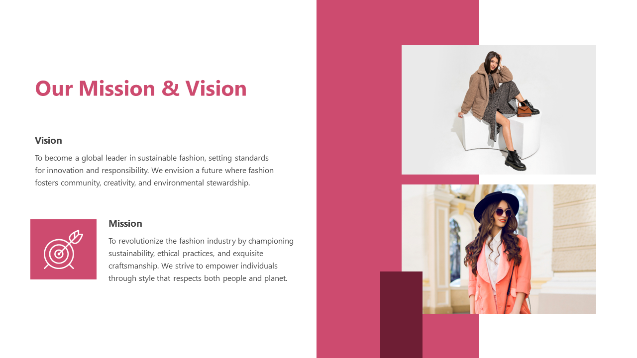 Mission and Vision slide featuring stylish models and text on sustainability, creativity, and responsible fashion.