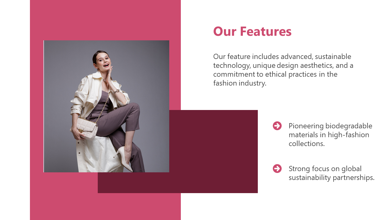 Our Features slide shows a smiling model in stylish attire, highlighting ethical fashion on a white and pink backdrop.