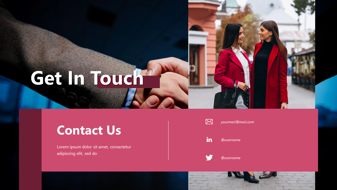 Contact Us slide with a handshake and two women in red coats, including placeholder email and social media details.