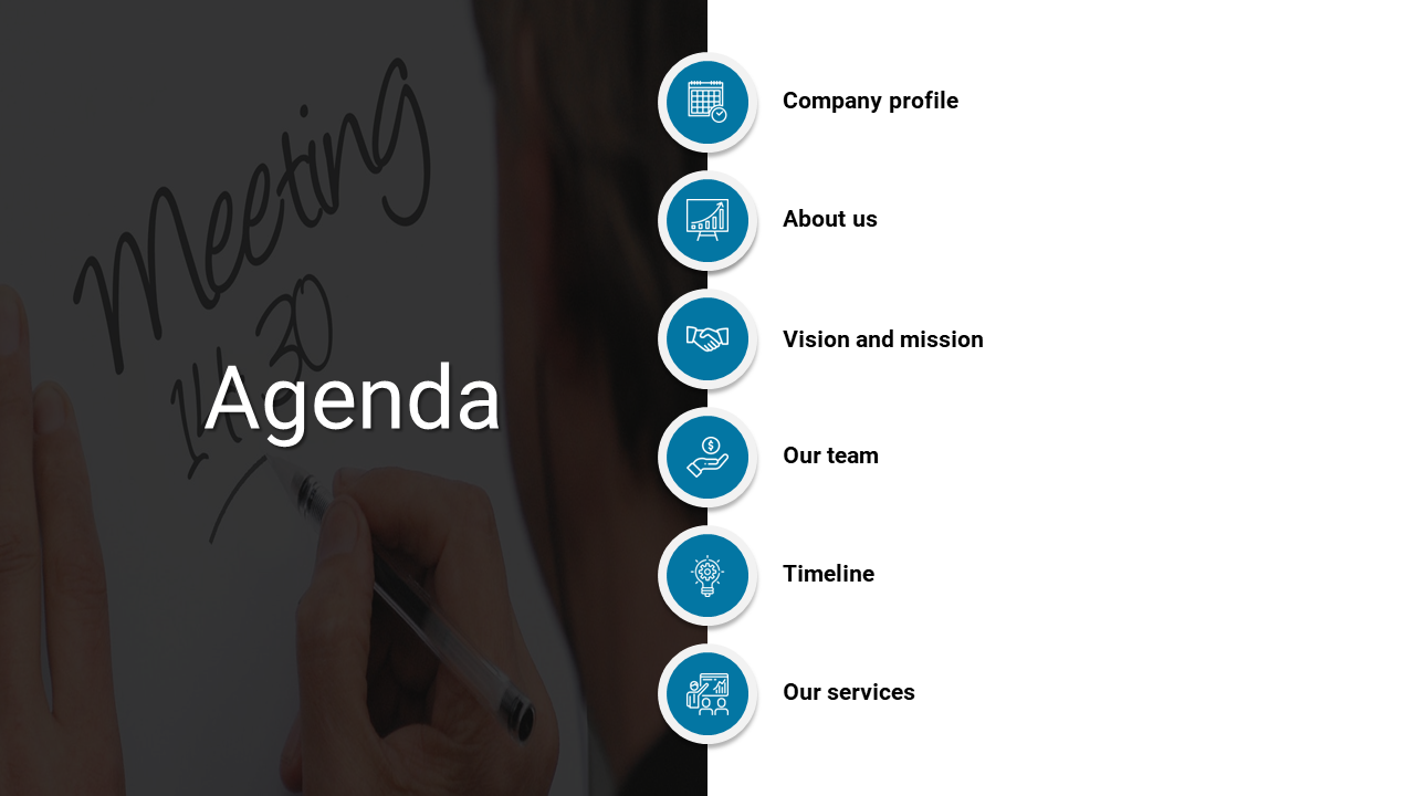 Agenda slide with list including company profile, about us, vision and mission, team, timeline and services with blue icons.