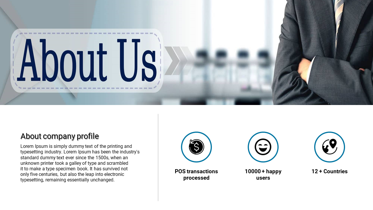 About Us slide with a business professional image, company description, and icons showing global reach and users.