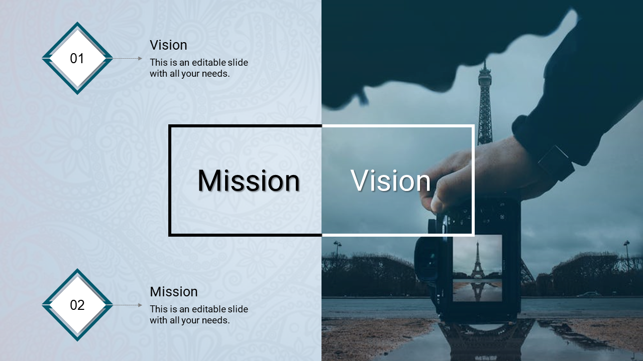 Vision and Mission slide with decorative left panel and a photo of a camera capturing the Eiffel Tower on the right.