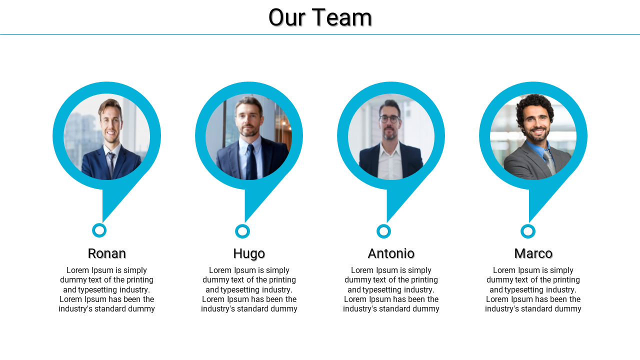 Team introduction slide with blue circular photo frames and names under each member, including sample text descriptions.