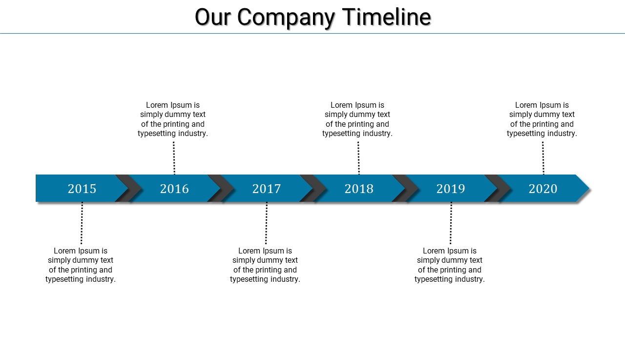 Horizontal company timeline from 2015 to 2020 with placeholder text describing yearly milestones on a white theme.