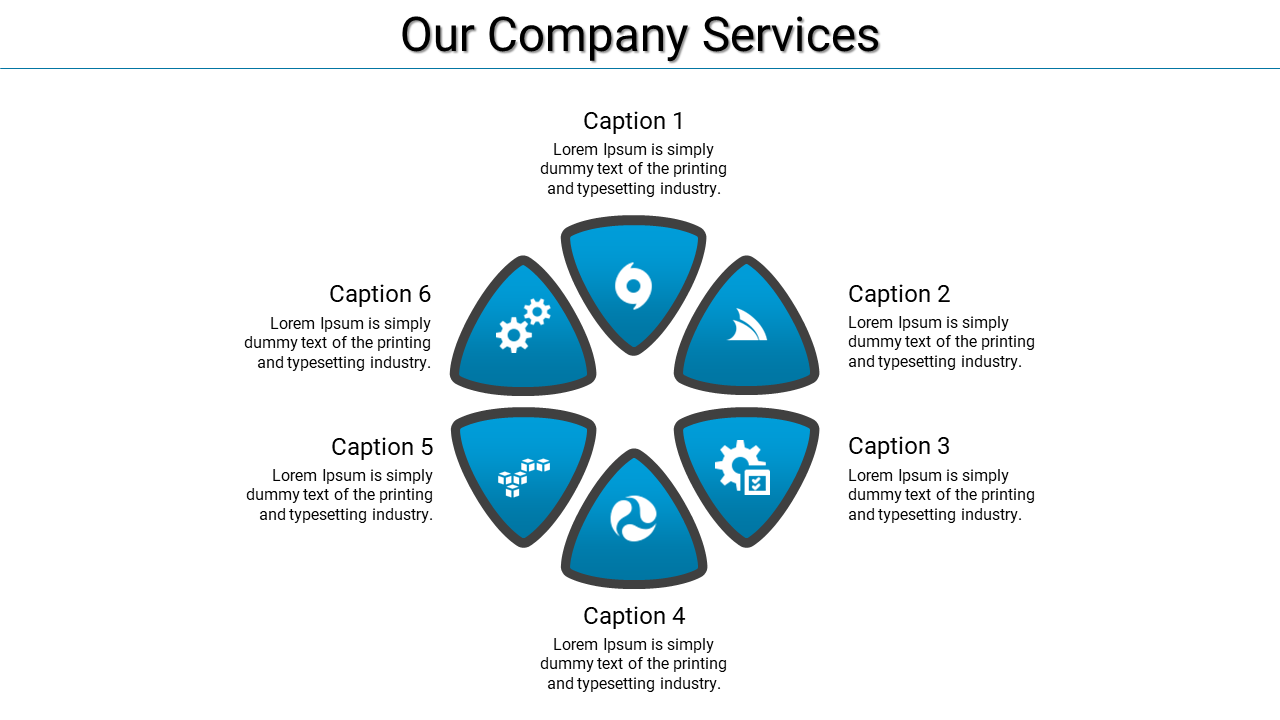 Company services slide with six circular triangular icons in a ring, each labeled with a caption and placeholder text.