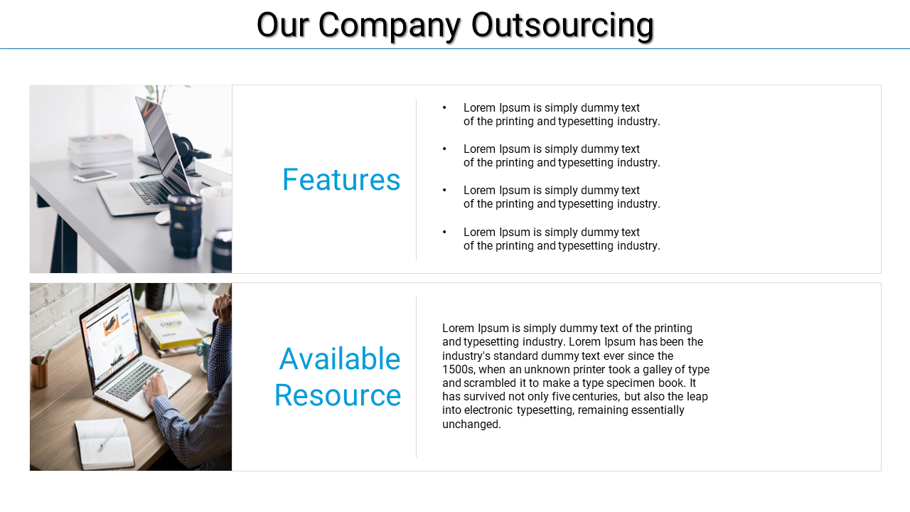 Outsourcing slide showing features and available resources with two images of workspaces and placeholder text in white theme.