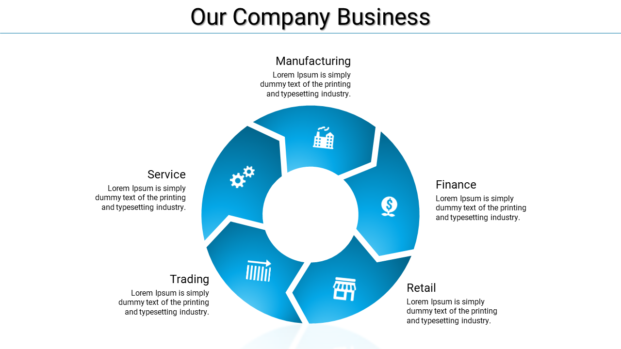 Company business slide with a blue circular infographic and icons on a white backdrop with placeholder text.
