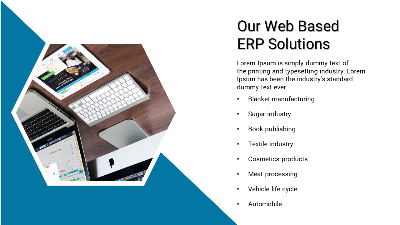 Slide showcasing web based ERP solutions for industries like textile, cosmetics, and automobile, with workspace photo.