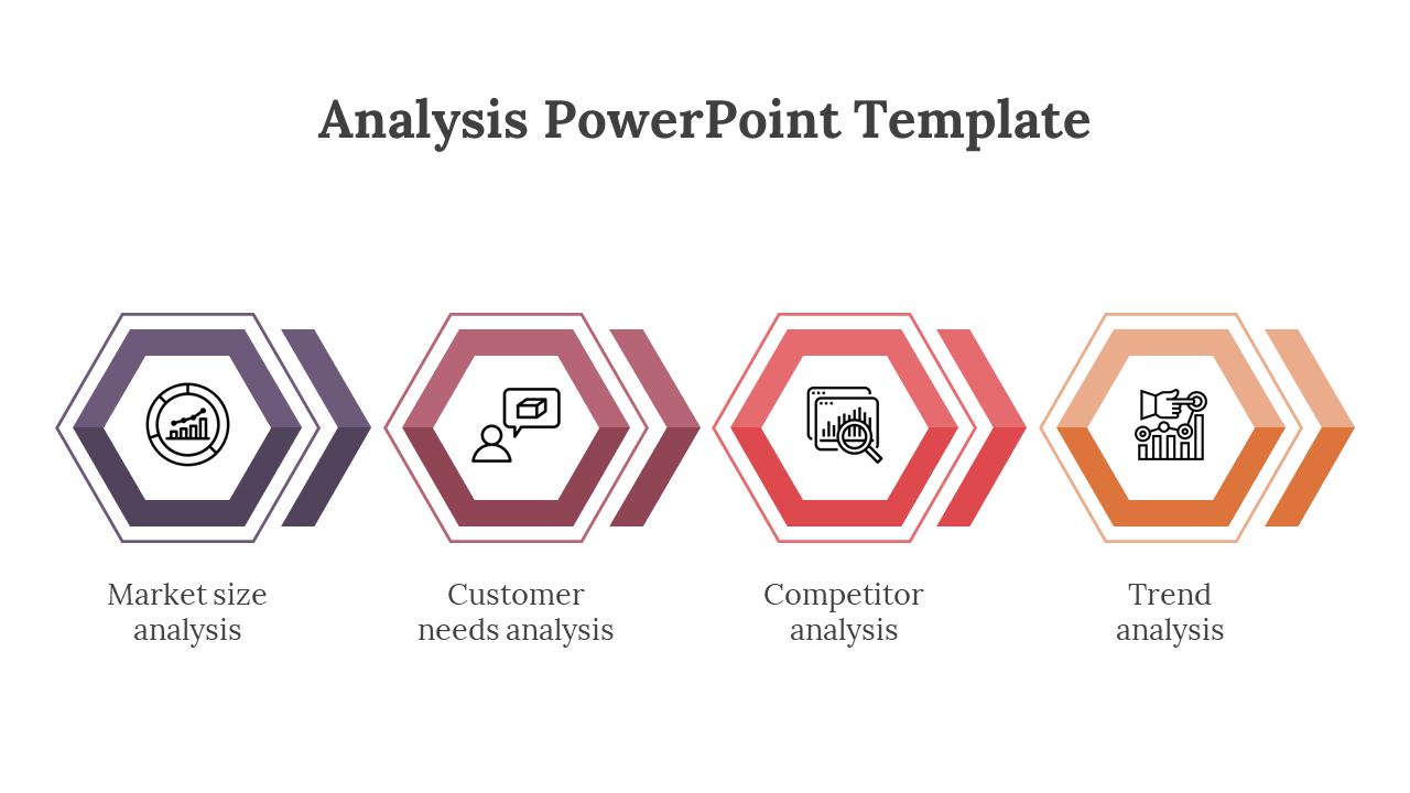 Business analysis slide with colorful hexagons for market, customer, competitor, and trend insights on a white backdrop.