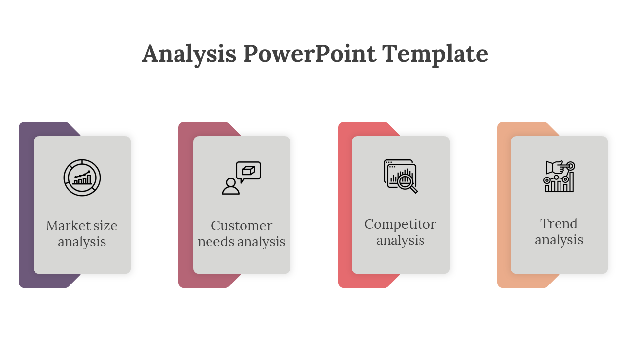 Four color coded block layouts showing icons for market size, customer needs, competitor, and trend analysis.