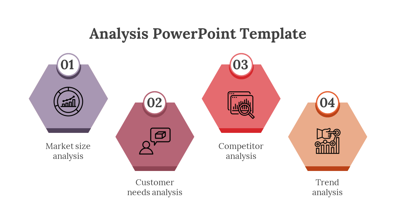 Colorful hexagon infographic slide showing four steps of business analysis with icons and numbers in a white theme.