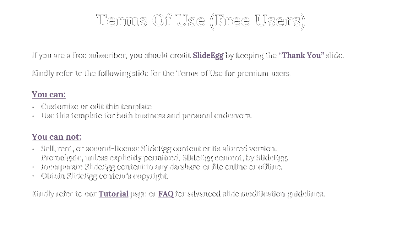 Terms of use slide for free SlideEgg users outlining permitted and prohibited actions for template usage in a white theme.