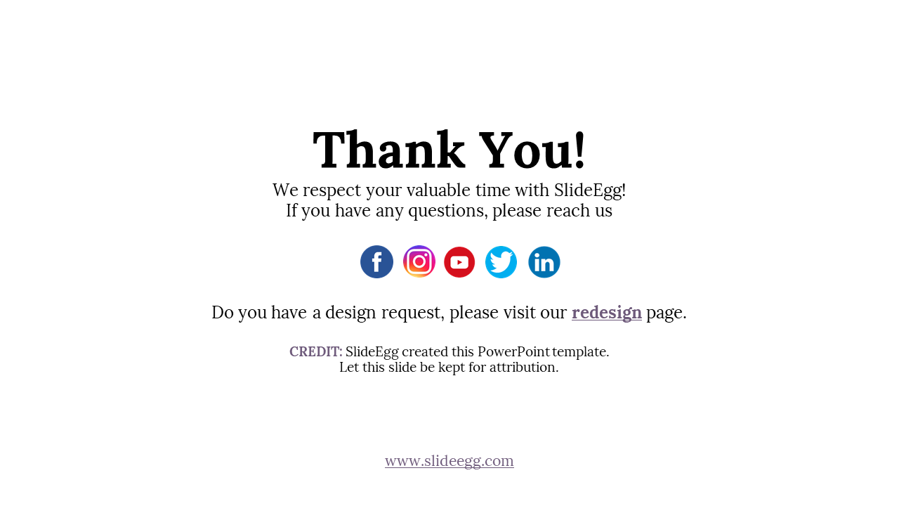 Closing PowerPoint slide thanking viewers and linking to SlideEgg’s redesign page on a white backdrop.