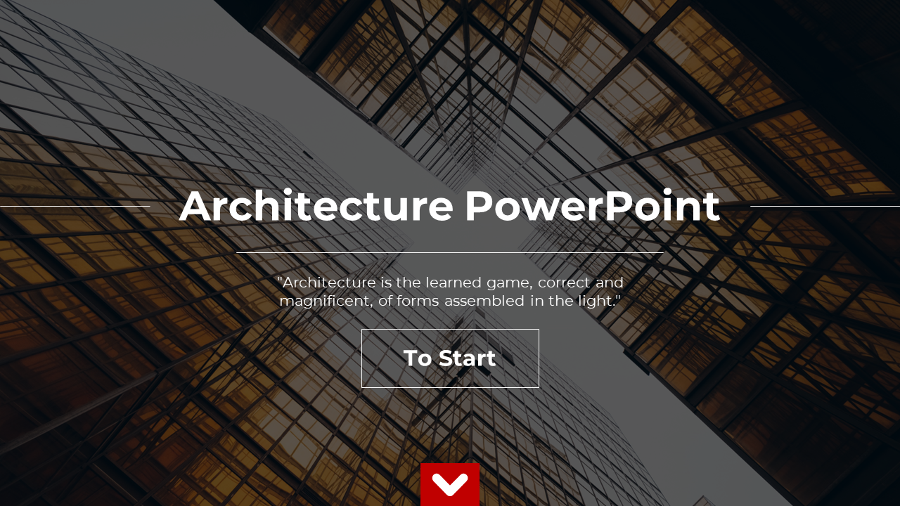 Intro slide for Architecture PowerPoint featuring tall glass buildings and a famous architecture quote.