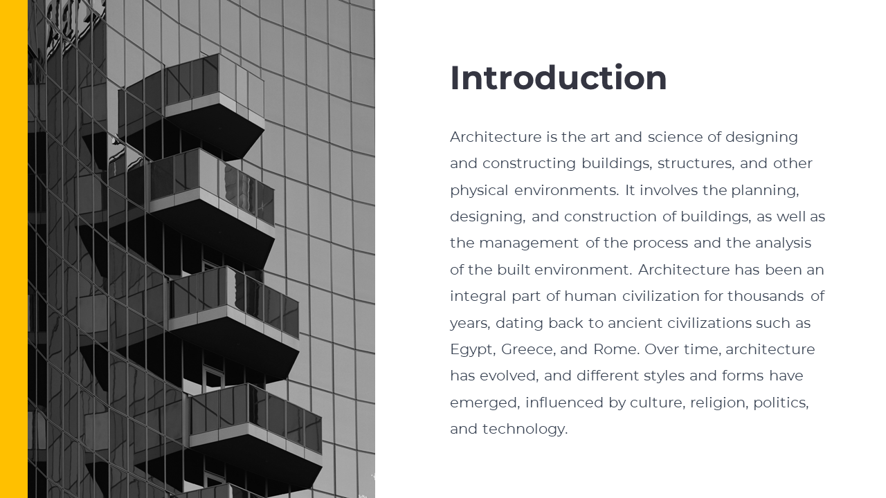A slide showing an intro to architecture, paired with a grayscale photo of a glass building with protruding balconies.