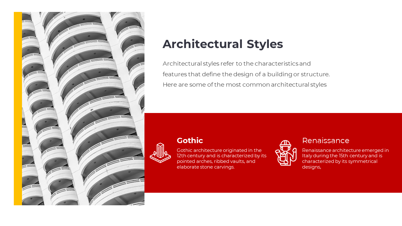 Slide showcasing Gothic and Renaissance architectural styles with a white curved balcony building on the left.