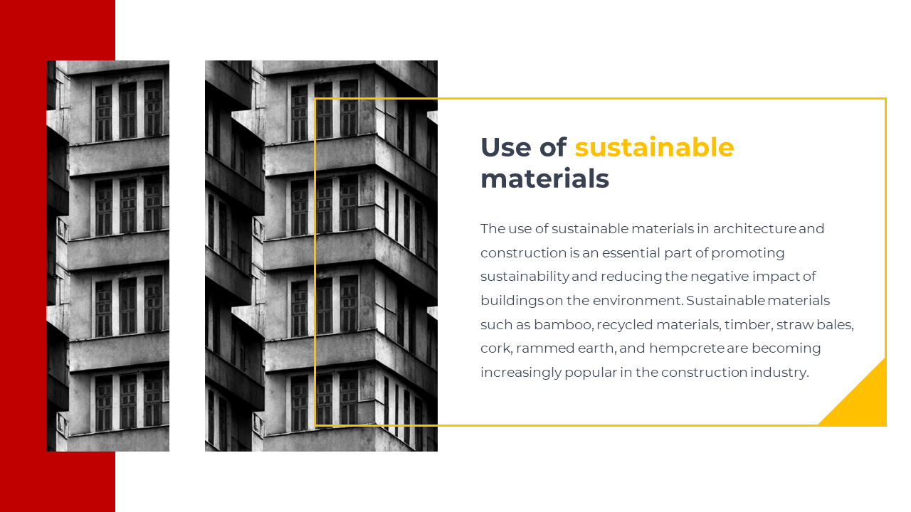 Slide on sustainable materials in construction featuring modular building design and yellow highlighted text in white theme.