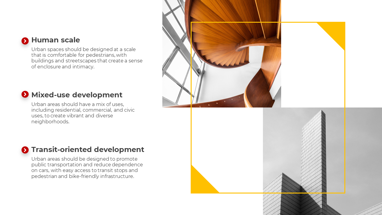 Urban design principles slide with icons and text on human scale, mixed use, and transit oriented development in white theme.
