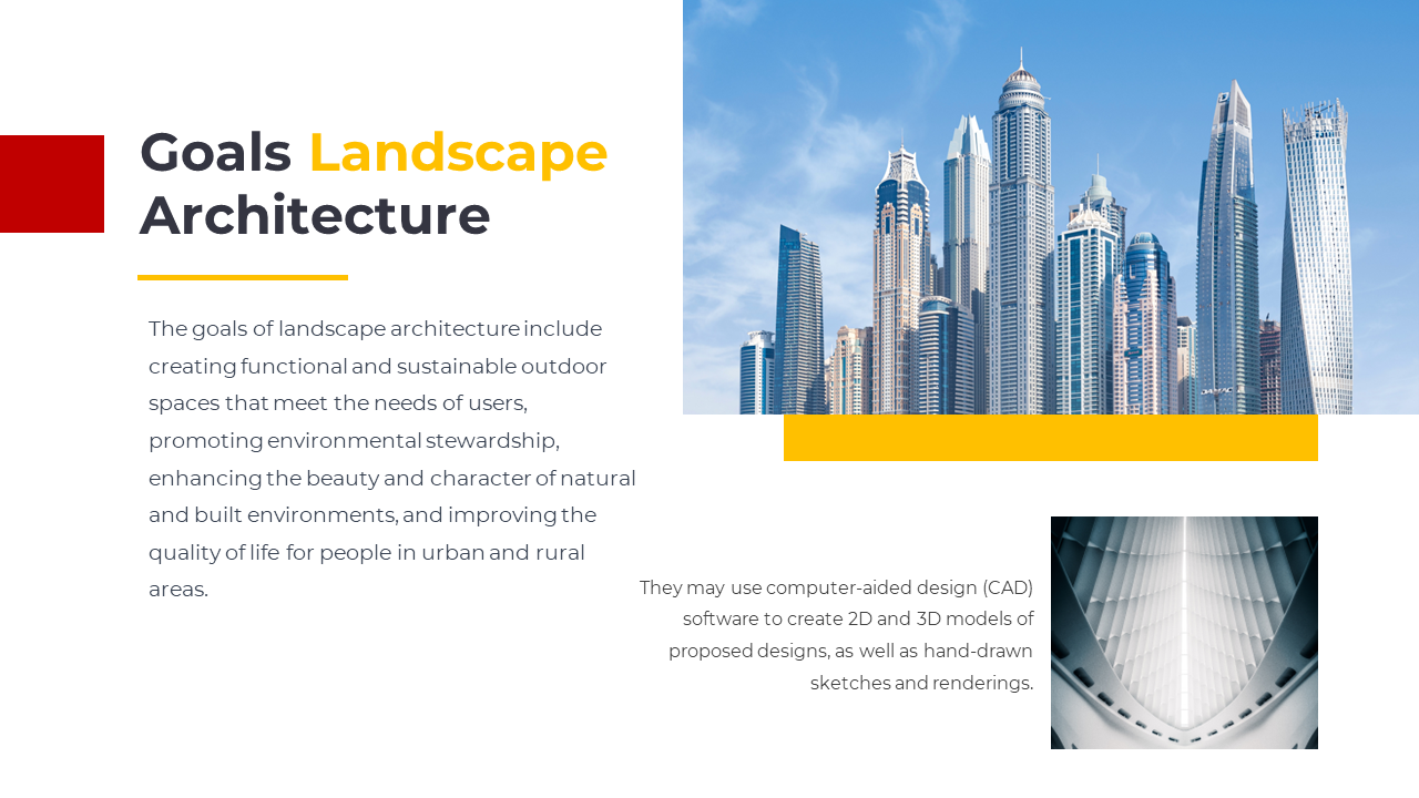Goals of landscape architecture slide featuring skyscrapers and a modern architectural interior on a white backdrop.