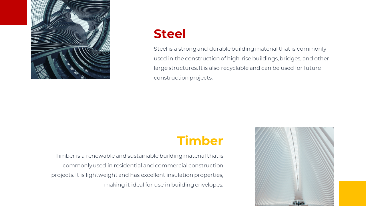 Slide comparing steel and timber as construction materials with futuristic and modern architectural imagery on a white theme.