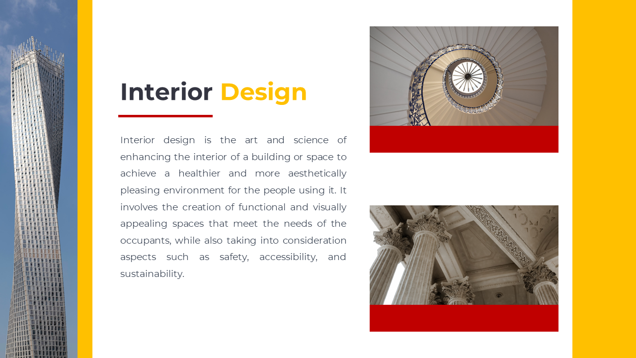 Slide on interior design featuring a spiral staircase and classic column architecture imagery on a white theme.