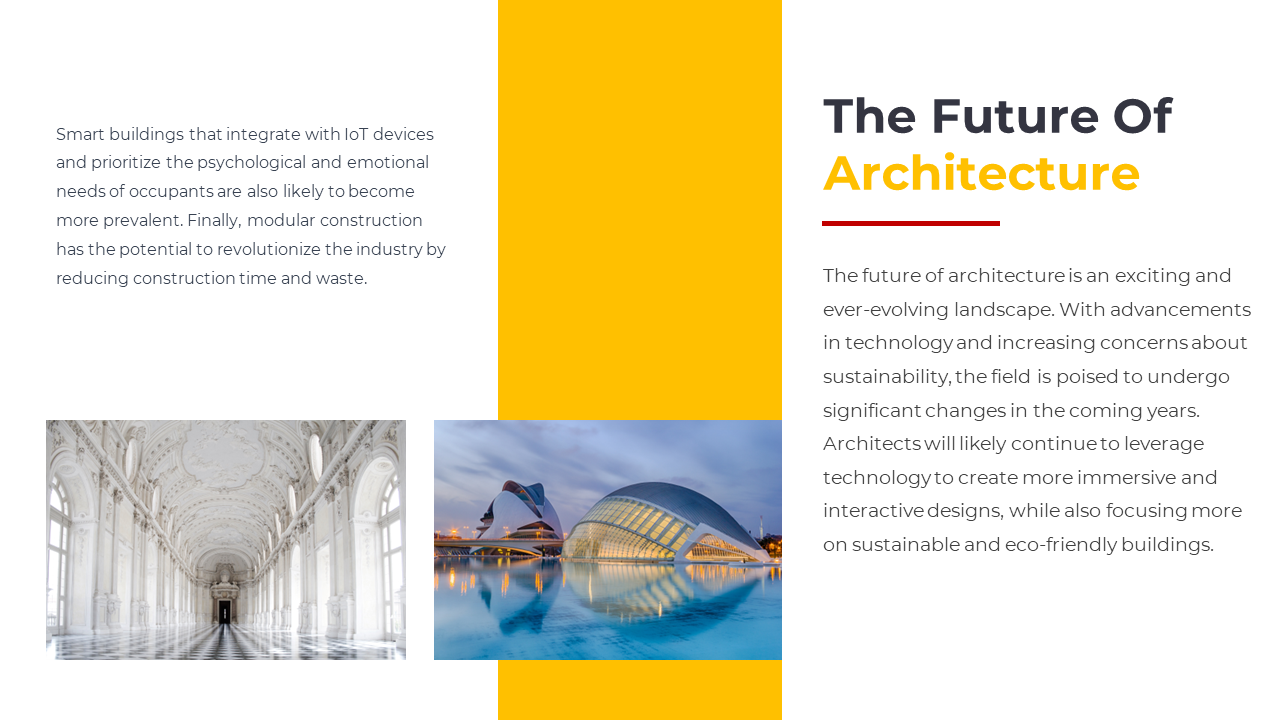 Modern architecture slide featuring text on emerging trends and images of futuristic and classical buildings on white theme.