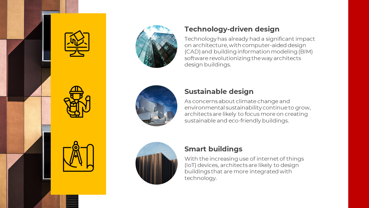 Architecture PowerPoint slide featuring icons and images explaining digital tools, eco friendly focus, and IoT integration.