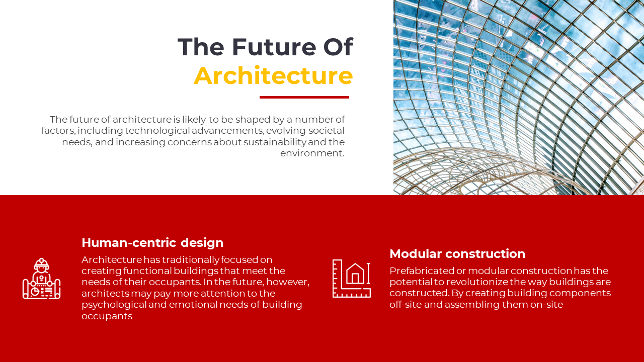 Slide highlighting future architecture trends focused on human centric and modular construction with icons on a red theme.