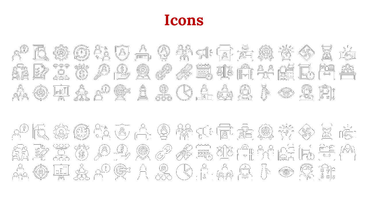 Collection of black outlines and filled icons representing business, communication and teamwork concepts on a white theme.