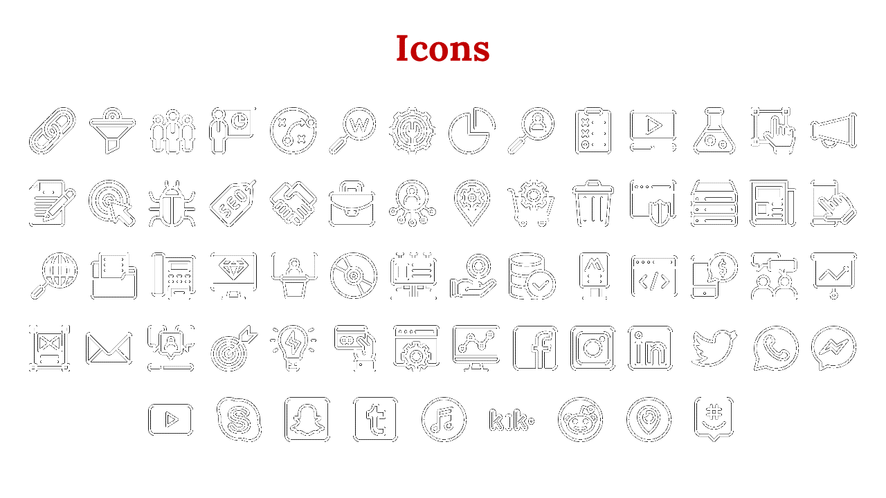 Black outlined icon set representing digital tools, business concepts, social media logos, and SEO elements in a white theme.