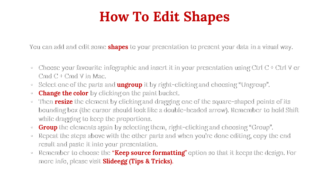 PowerPoint editing guide listing steps to ungroup, resize, color, and group shapes with SlideEgg tips in a white theme.
