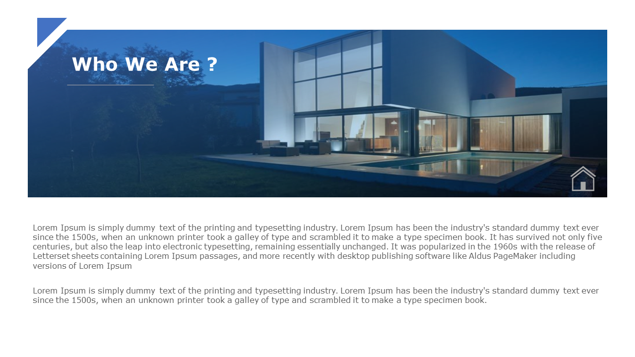 Introduction slide with modern house background, white title text, and sample paragraph text below on a white backdrop.
