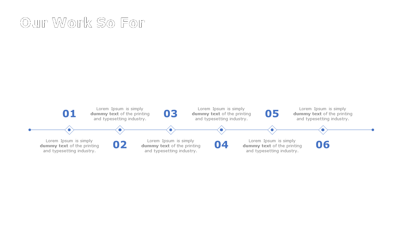 Horizontal timeline slide with six numbered steps and placeholder text under the title on a white backdrop.