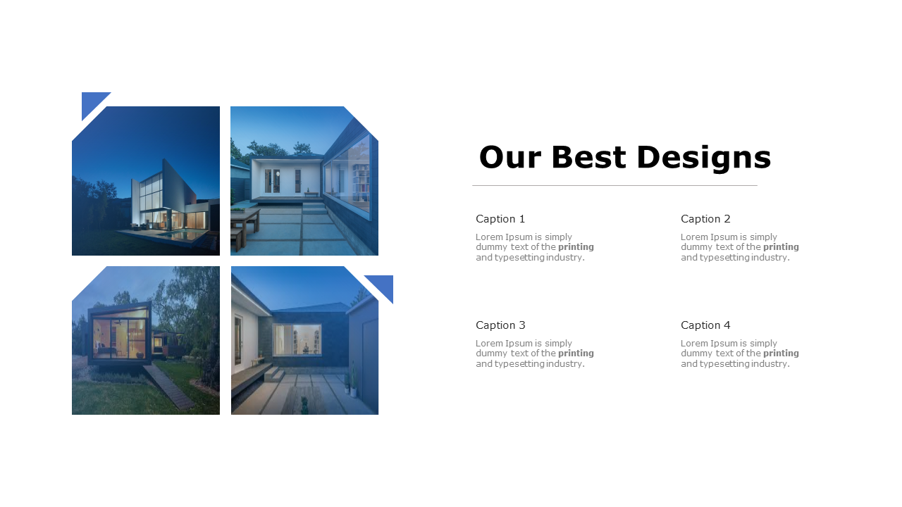 Slide layout showcasing four unique architectural designs with corresponding captions and a bold title on the right.