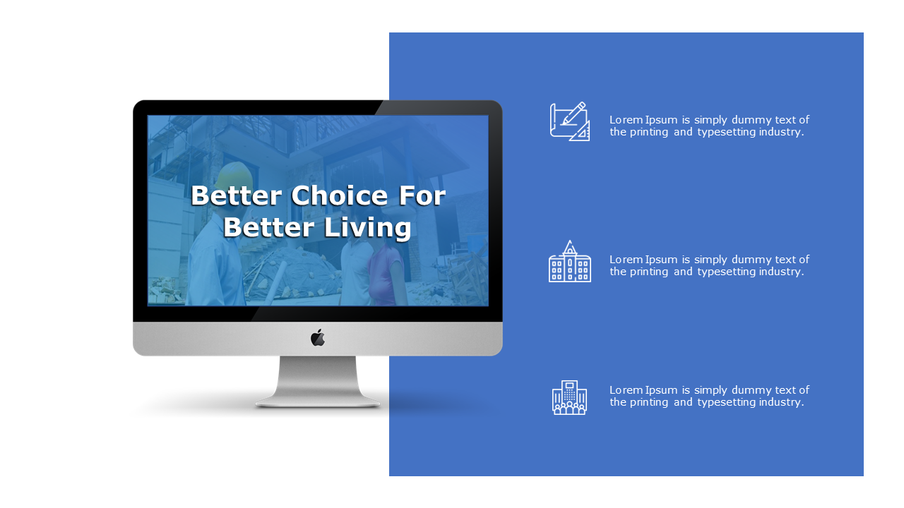 A slide showing a desktop screen with construction workers and the phrase with icons and descriptions on a blue theme.