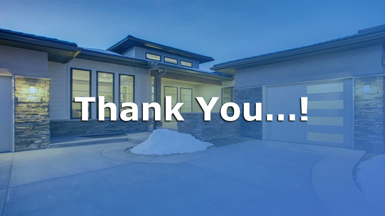 Thank you slide featuring a modern house exterior with a bold message in the center on a blue theme.