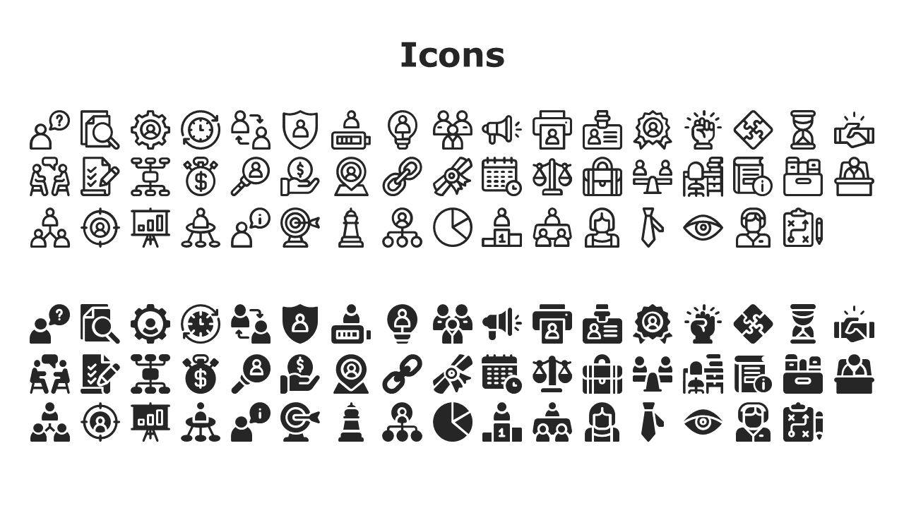 A collection of outlined and filled business themed icons including people, graphs, gears, money, and strategy symbols.