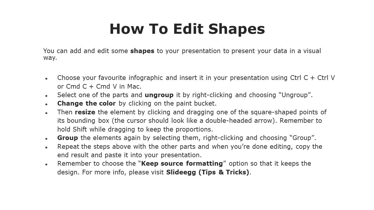 How To Edit Shapes with bullet points on grouping, resizing, and formatting elements in PowerPoint on a white theme.