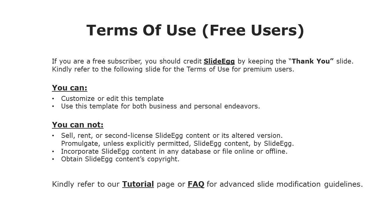 A slide showing usage rights for free users, including customization permissions and copyright restrictions on a white theme.