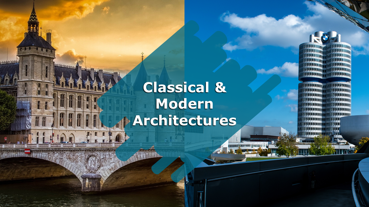 Architectural portfolio design slide deck highlighting historic and contemporary buildings with bright lights and view.