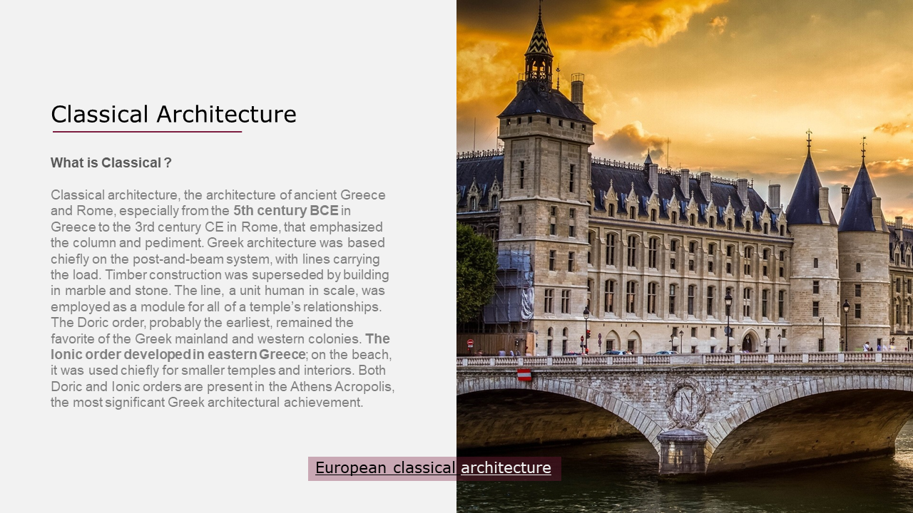 European classical building with pointed towers and stone bridge at sunset, illustrating historical architecture.