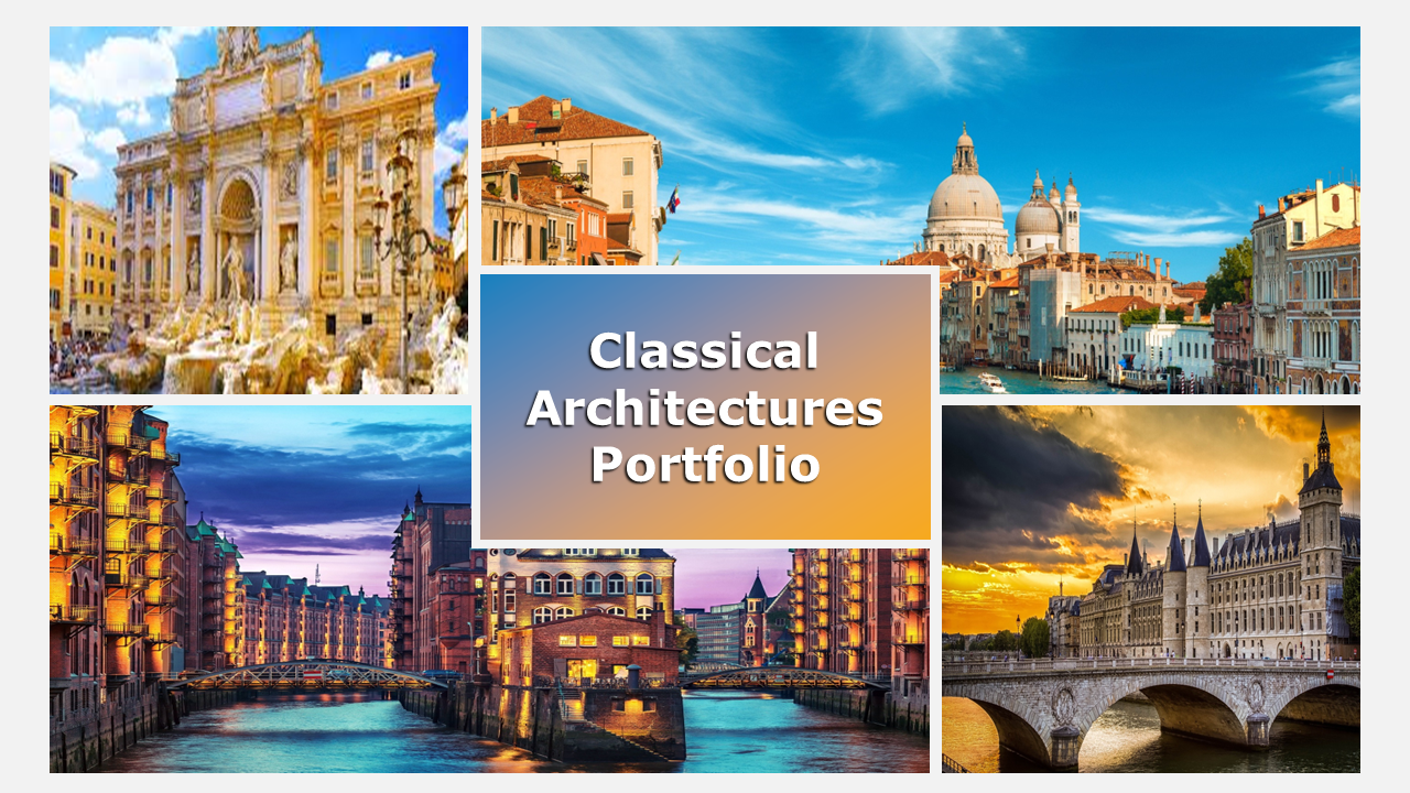 Collage of European classical architecture including domes, bridges, and ornate buildings around a central portfolio title.